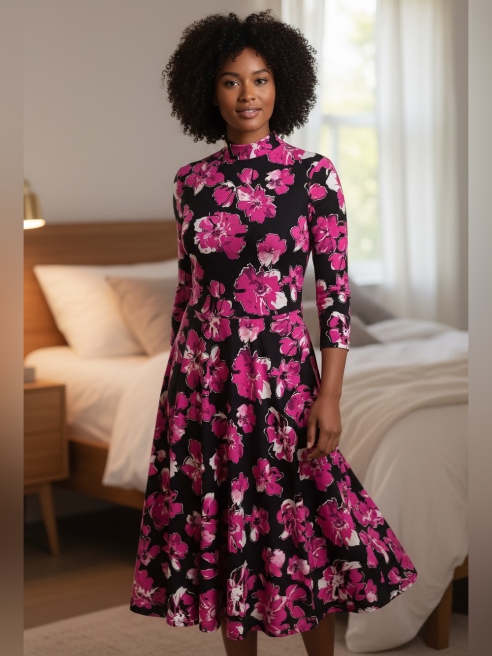 Jessica London Black & Fuchsia Floral Fit-and-Flare Tie Back Midi Dress Size 14W